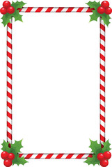 Obraz premium Candy Cane Christmas Border – Red and White Diagonal Stripes with Holly Leaves and Berries for Holiday Cards, Festive Invitations, and Seasonal Graphic Design