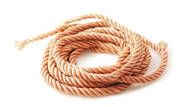 A coil of rope resting on a clean and plain white surface, ideal for use in illustrations or designs requiring a neutral background