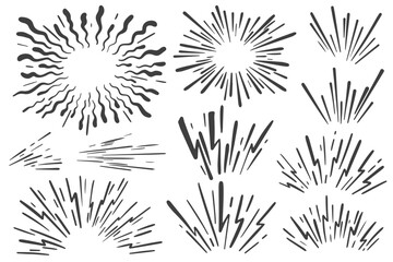 Speed lines effect. Manga vector action radial burst on white background. Cartoon motion graphic elements of power and rays of bomb explosion.