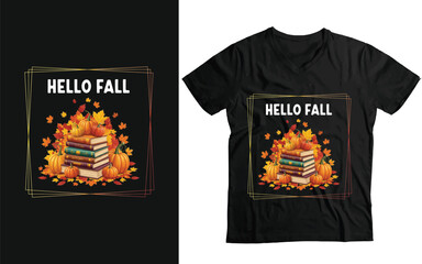 "Hello Fall" Book Stack & Pumpkin Cozy Reader T-Shirt Design