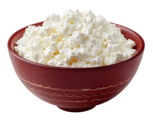 Creamy, crumbly cheese in a red bowl