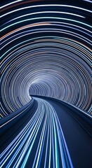 Futuristic speed tunnel with bright neon stripes on a dark blue backdrop