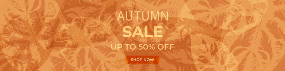 Naklejka premium Autumn sale banner with overlapping leaf textures in orange shades and elegant typography. Perfect for seasonal promotions, ads, and fall marketing campaigns