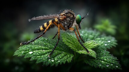 A mosquito resting on the edge of a water droplet on a green leaf, surrounded by dewdrops glistening in the sunlight. ,
