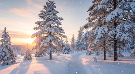 Golden sunrise illuminates a snow covered pine forest with long shadows stretching across the path
