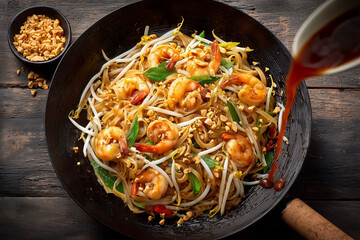 Delicious Pad Thai with Shrimp and Fresh Ingredients Ready to Eat, Sauce Being Poured in a Dramatic Presentation for Upscale Food Blogs and Restaurant Menus