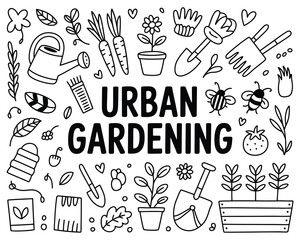 Hand-drawn doodle set of urban gardening tools and plant elements