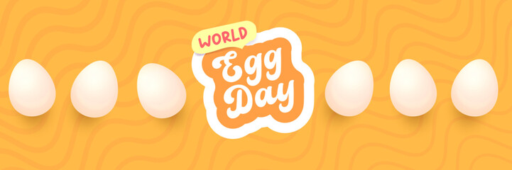 World Egg Day banner with eggs on orange geometric pattern background. International egg day concept horizontal banner poster,flyer, banner design template. Egg food day celebration