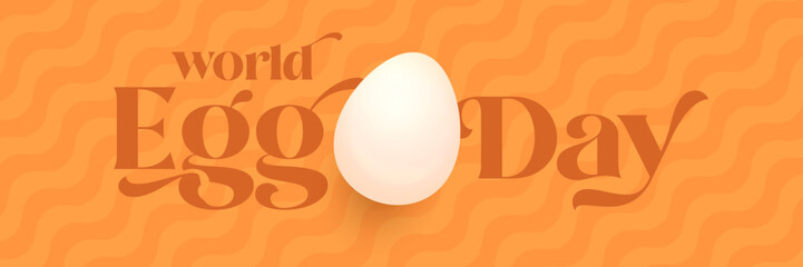 World Egg Day banner with eggs on orange geometric pattern background. International egg day concept horizontal banner poster,flyer, banner design template. Egg food day celebration