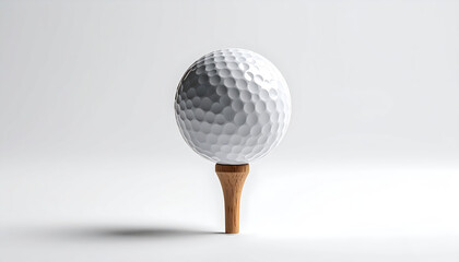 Detailed close-up of a dimpled golf ball on a tee, centered composition, bright white background, smooth reflections, high-resolution product photo, studio light setup.