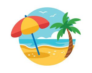 Beach Scene Cartoon Illustration Umbrella, Palm Tree, And Ocean Waves