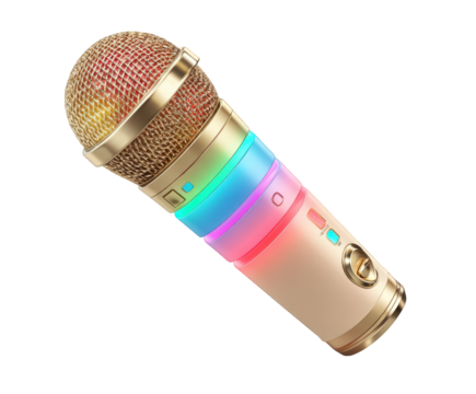 A colorful, sparkling karaoke microphone with led lights, isolated on a transparent background, perfect for music, entertainment, and performance themes
