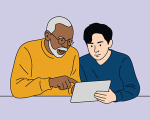 Senior Man and Young Man Looking at Tablet Together