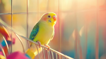 Obraz premium Yellow and blue parakeet is perched on a wire cage. The bird is looking out of the cage, possibly observing its surroundings