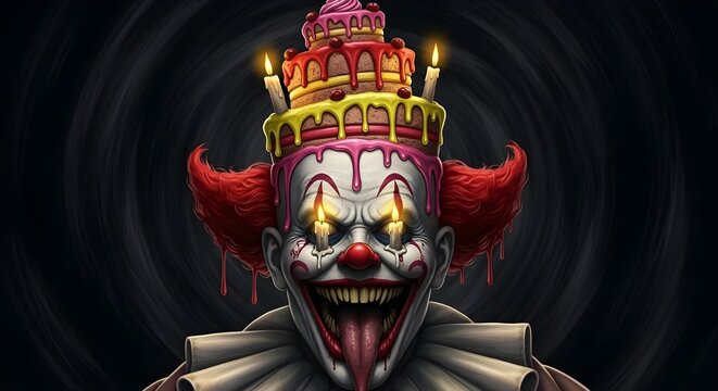 a creepy clown with cake crown and scary face