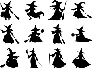 Obraz premium Hand made Collection of witch silhouette vectors various poses with broom and wand perfect for Halloween designs and spooky themes By illustrator