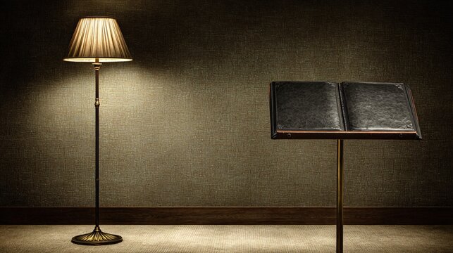 Intimate dimly lit restaurant setting evokes quiet luxury with leather menu and warm floor lamp creating a sophisticated ambiance for diners