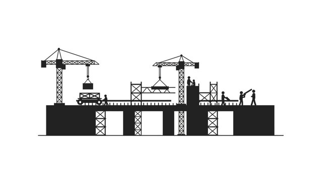 Construction site silhouette cranes and workers building structure