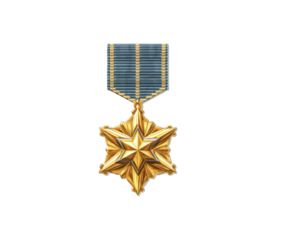 A golden star medal with a blue and gold striped ribbon, isolated on a transparent background, symbolizing achievement and recognition