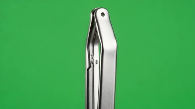 Close-Up of Metal Tongs Against Green Screen Background.