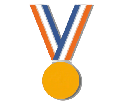 A golden medal with a striped ribbon in blue, white, and orange, isolated on a transparent background, symbolizing achievement and victory