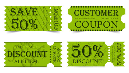 Collection of green discount coupons, half price sale. Paper coupon template