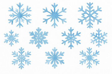 Fototapeta premium Watercolor illustration set of blue snowflakes on white background. Hand-painted winter design, perfect for Christmas cards, seasonal patterns, and festive decorations.