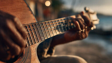 Fototapeta premium Close-up of a person’s hands playing an acoustic guitar outdoors. Fingers pressing chords on the fretboard; shallow depth of field with warm natural light.