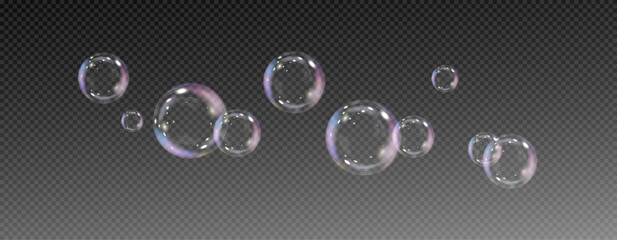Realistic soap vector bubbles png isolated on transparent background. The effect of falling and flying bubbles. Glass bubble effect.	
