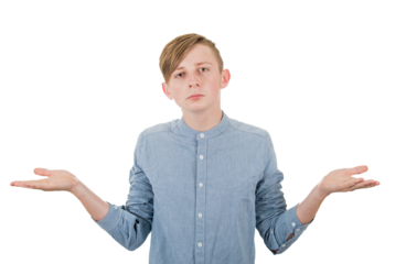 Confused guy teenager keeps hands outstretched, shrugging shoulders. Adolescent male portrait looking perplexed, balancing arms isolated on transparent background