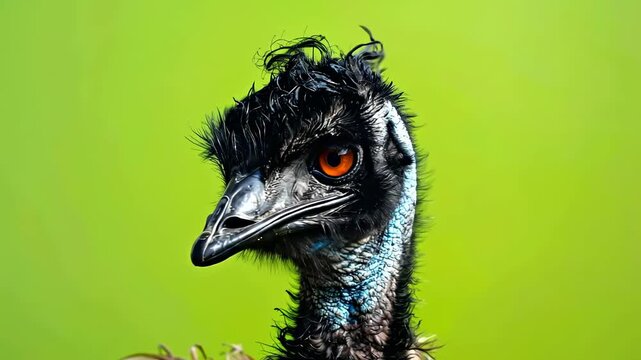 Close Up of an Emu Bird with Green Background.