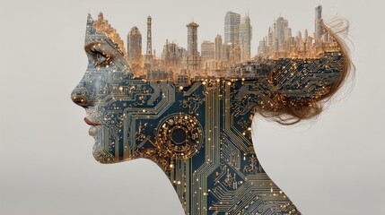 Artificial Intelligence Concept with Woman Silhouette and Futuristic City Circuit Design