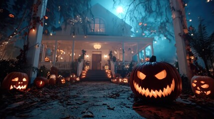 Spooky Halloween House with Glowing Jack O’Lanterns and Full Moon Night