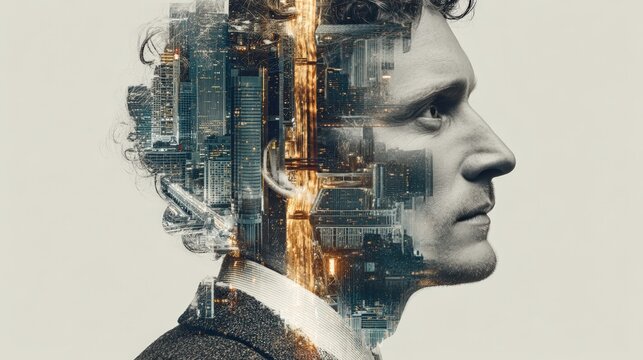 Double Exposure Portrait of Man with Modern City Architecture Overlay - Powered by Adobe