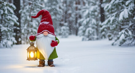 Whimsical winter gnome holding a glowing lantern in a snowy forest setting