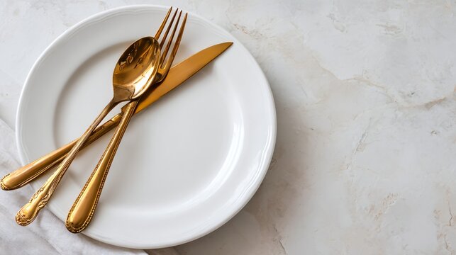 Elegant gold cutlery rests upon a pristine white plate set on a subtle marble background, evoking luxury and fine dining experiences for any occasion