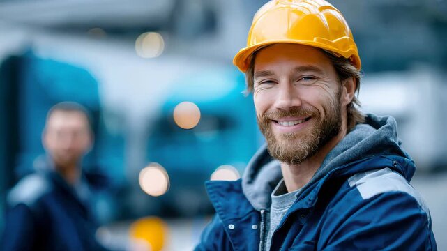 Portrait of a construction worker in a yellow helmet looking upwards with determination against a city background