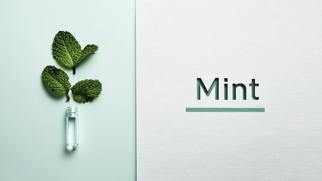 Fresh mint leaves placed above a glass vial on a split background with the word 'Mint' displayed.