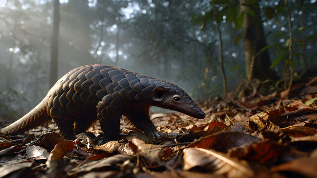 wildlifeA pangolin illuminated by warm forest light, highlighting its textured scales against a blurred woodland background. ikrom - Pangolin in Golden Forest Light