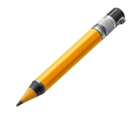 A classic yellow pencil with a metal ferrule and black eraser, isolated on transparent background