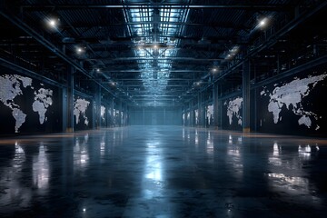 Obraz premium Futuristic dark industrial warehouse interior with glowing blue lights and reflective floor creating an atmospheric and modern ambiance