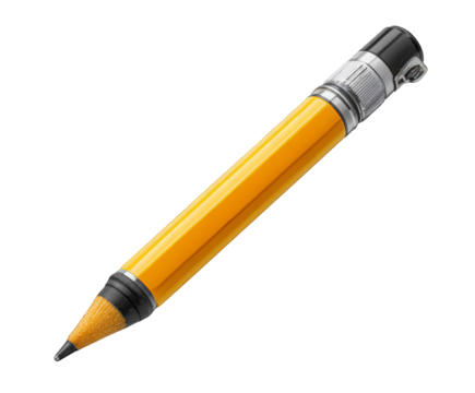 A classic yellow pencil with a metal ferrule and black eraser, isolated on transparent background