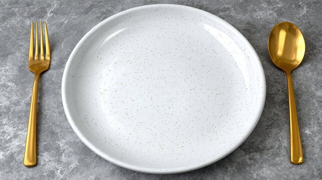 Elegant dining concept with golden cutlery and modern white plate setting the stage for a delicious meal on a stylish grey marble surface