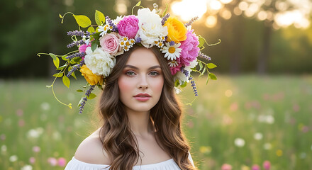 Young woman wearing a vibrant flower crown in a sunny meadow at golden hour