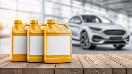 Golden cans of motor oil on a wooden table with a car in the background. Concept for oil maintenance, repair, and change. Space for text.