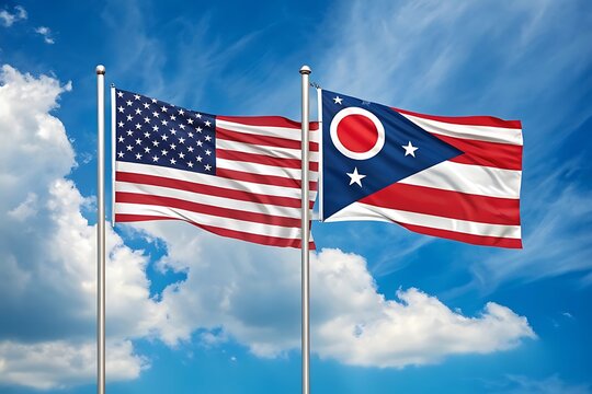 American flag and ohio state flag waving on flagpole against blue sky