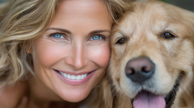 Stunning woman embracing her golden retriever radiating love and companionship ideal for pet care ads or heartwarming family moments