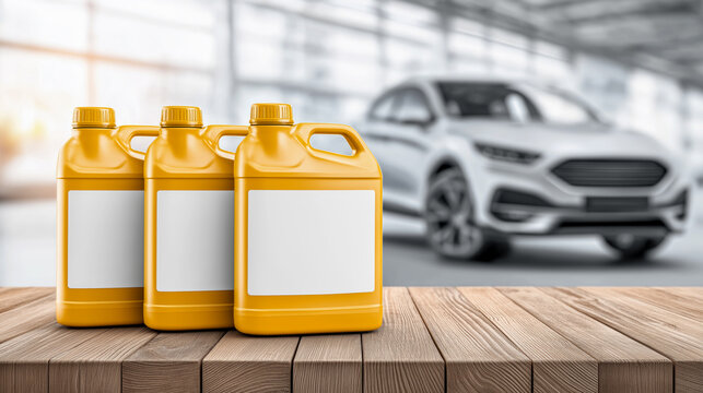 Golden cans of motor oil on a wooden table with a car in the background. Concept for oil maintenance, repair, and change. Space for text.