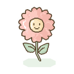 Cute pink pixel flower with smiling face. Retro 8-bit style digital art perfect for stickers, web design, icons, and creative projects. Minimalist and charming vector illustration.