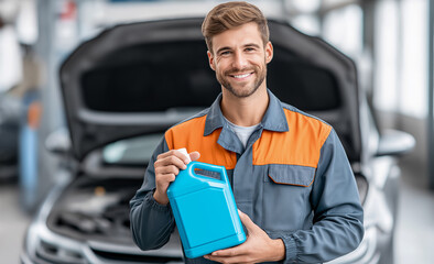 Mechanic holds empty motor oil canister in front of car with open hood. Auto service theme